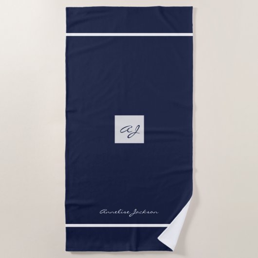 Serviette De Plage Elégant marine blanc moderne nom monogrammed (Devant)