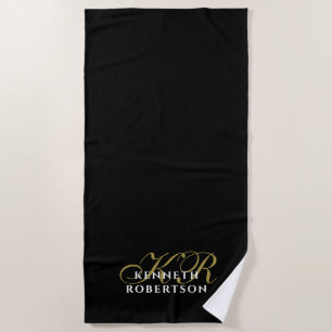 Serviette De Plage Élégant minimaliste monogramme noir or blanc pour