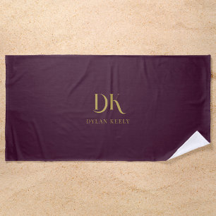 Serviette De Plage Élégant minimaliste Monogramme rouge foncé Or élég