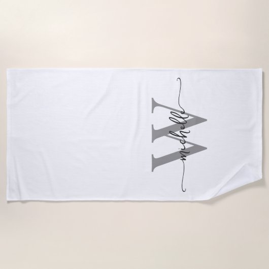 Serviette De Plage Élégant Moderne Blanc Gris Monogramme Nom Script (Devant)