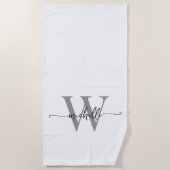 Serviette De Plage Élégant Moderne Blanc Gris Monogramme Nom Script (Devant)