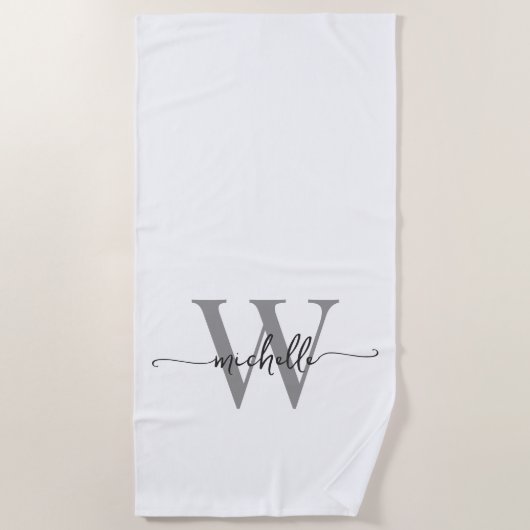 Serviette De Plage Élégant Moderne Blanc Gris Monogramme Nom Script (Devant)