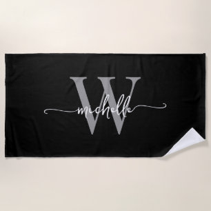 Serviette De Plage Élégant moderne noir gris monogramme Nom Script