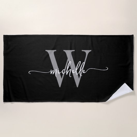 Serviette De Plage Élégant moderne noir gris monogramme Nom Script (Devant)
