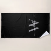 Serviette De Plage Élégant moderne noir gris monogramme Nom Script (Devant)