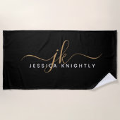 Serviette De Plage Élégant moderne Script Monogramme Initiales Black  (Devant)