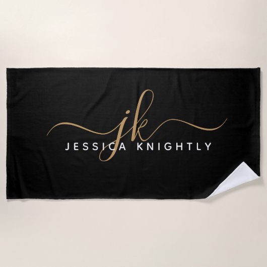 Serviette De Plage Élégant moderne Script Monogramme Initiales Black (Devant)