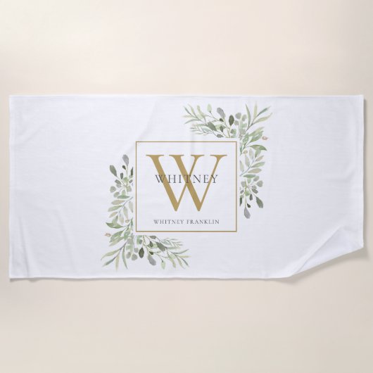 Serviette De Plage Élégant Monogramme Moderne de Feuillage Doré (Devant)