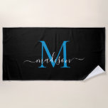 Serviette De Plage Élégant Monogramme noir bleu féminin Script<br><div class="desc">Élégant noir brillant océan bleu Monogramme Feminine Girly Script Plage Serviette</div>