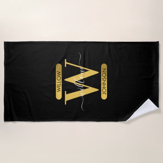 Serviette De Plage Élégant Monogramme noir & or Script moderne (Devant)