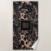 Serviette De Plage Élégant Monogramme Rose Gold Marbre noir (Devant)
