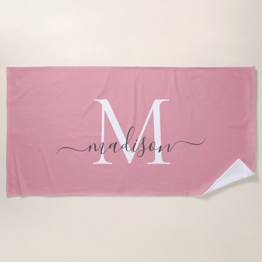 Serviette De Plage Élégant Monogramme rose vif Feminine Gris Script (Devant)