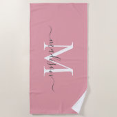 Serviette De Plage Élégant Monogramme rose vif Feminine Gris Script (Devant)