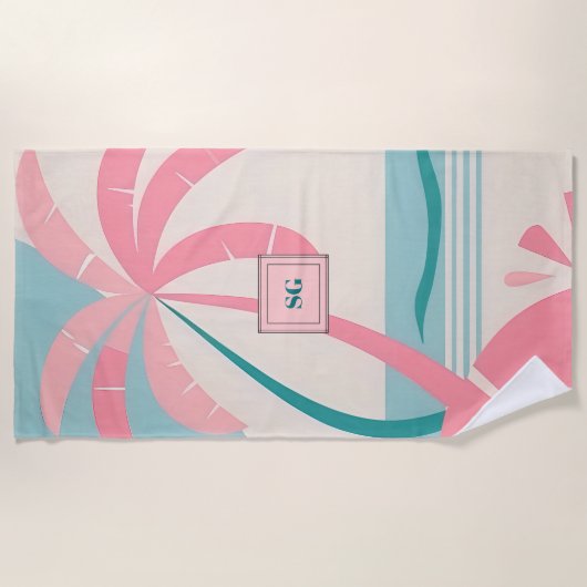 Serviette De Plage Élégant monogramme turquoise rose tropical minimal (Devant)