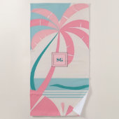 Serviette De Plage Élégant monogramme turquoise rose tropical minimal (Devant)