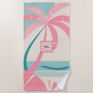 Serviette De Plage Élégant monogramme turquoise rose tropical minimal
