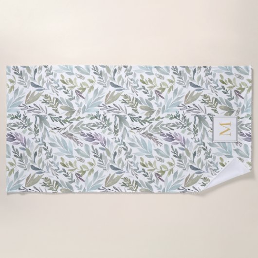 Serviette De Plage Elégant Monogramme Vert Aquarelle Botanique (Devant)
