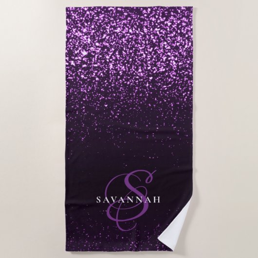 Serviette De Plage Élégant monogramme violet écriture pailletée stylé (Devant)
