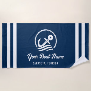 Serviette De Plage Elégant Nautical Navy Blue Custom Nom du bateau