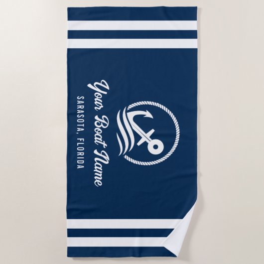 Serviette De Plage Elégant Nautical Navy Blue Custom Nom du bateau (Devant)