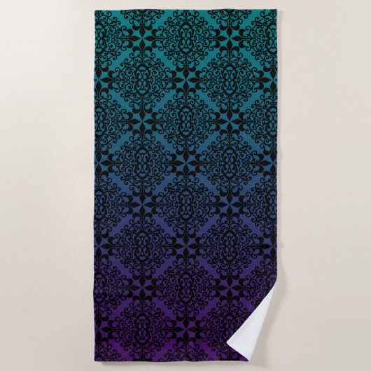Serviette De Plage Elégant Noir Damas Turquoise Et Violet Ombre (Devant)