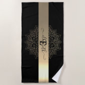 Serviette De Plage Élégant Noir moderne Grille d'or floral Mandala (Devant)