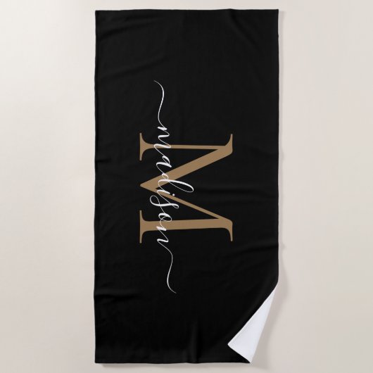 Serviette De Plage Élégant Noir Monogramme Or Feminine Script Girly (Devant)
