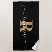 Serviette De Plage Élégant Noir Monogramme Or Nom du script (Devant)