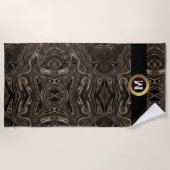 Serviette De Plage Élégant noir or abstrait tourbillon monogramme (Devant)