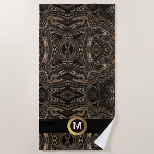 Serviette De Plage Élégant noir or abstrait tourbillon monogramme (Devant)