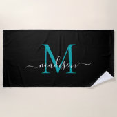 Serviette De Plage Élégant Noir Turquoise Monogramme Feminine Girly S (Devant)