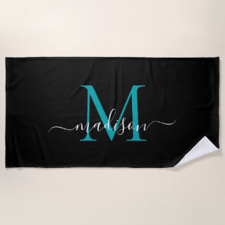 Serviette De Plage Élégant Noir Turquoise Monogramme Feminine Girly S