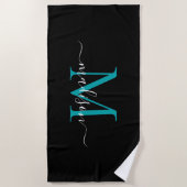 Serviette De Plage Élégant Noir Turquoise Monogramme Feminine Girly S (Devant)