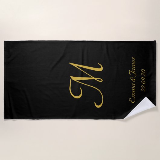 Serviette De Plage Élégant or et noir Monogramme Nouveaux mariés Nom (Devant)