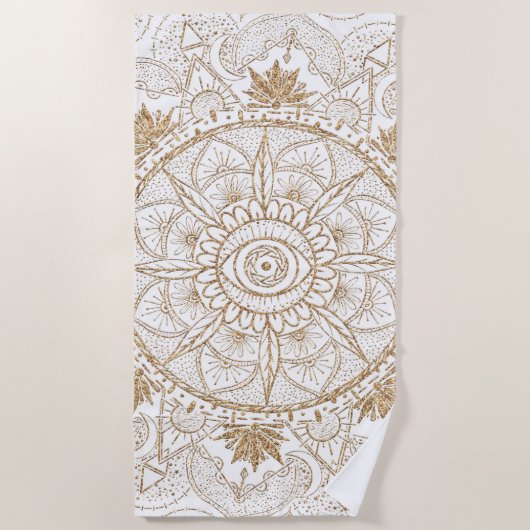 Serviette De Plage Elégant or Oeil Soleil Lune Mandala Blanc (Devant)