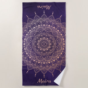 Serviette De Plage Elégant or Rose sur purple Floral Henna Mandala