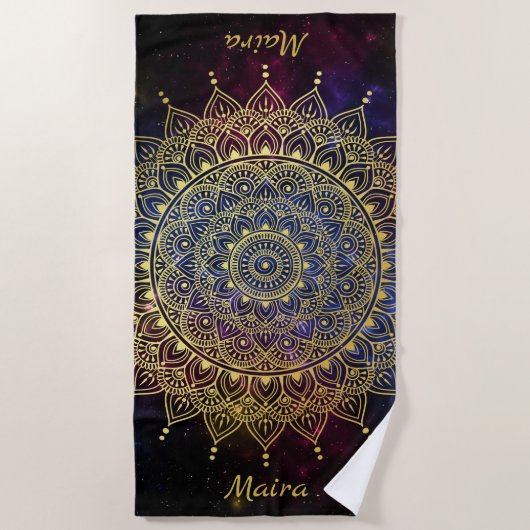 Serviette De Plage Elégant or sur Nebula foncé Floral Henna Mandala (Devant)