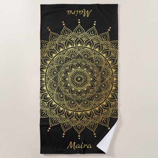 Serviette De Plage Elégant or sur Soft Black Floral Henna Mandala (Devant)