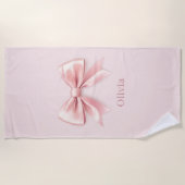 Serviette De Plage Elégant Pastel Rose Bow & Nom Personnalisé (Devant)