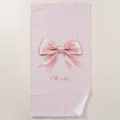 Serviette De Plage Elégant Pastel Rose Bow & Nom Personnalisé (Devant)