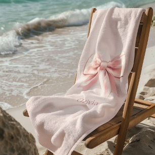 Serviette De Plage Elégant Pastel Rose Bow & Nom Personnalisé