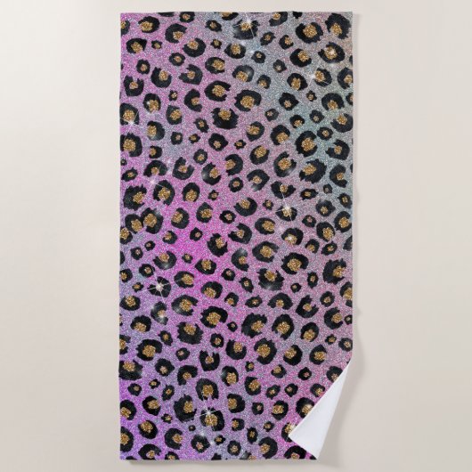 Serviette De Plage Elegant Pink Blue Gold Glitter Black Leopard (Devant)