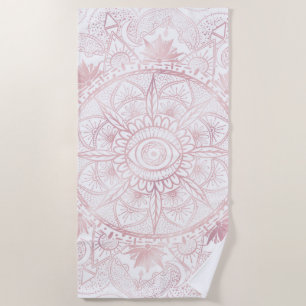 Serviette De Plage Elégant Rose Blanc Or Oeil Soleil Lune Mandala