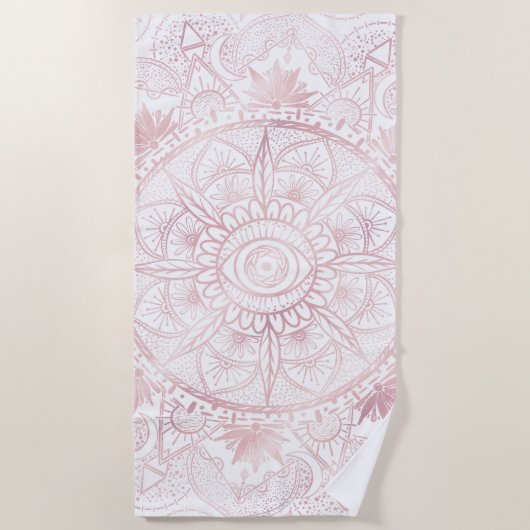 Serviette De Plage Elégant Rose Blanc Or Oeil Soleil Lune Mandala (Devant)