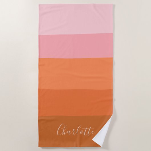 Serviette De Plage Élégant rose orange Abstrait rayures Nom du script (Devant)