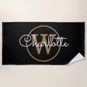 Serviette De Plage Élégant script de monogramme d'or noir (Devant)