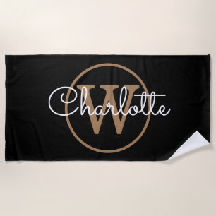 Serviette De Plage Élégant script de monogramme d'or noir