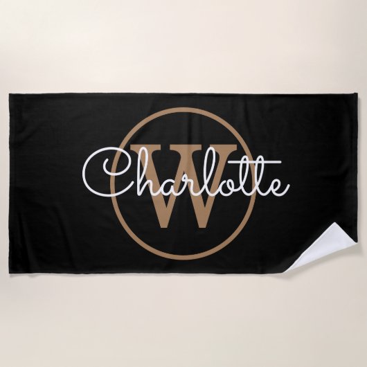 Serviette De Plage Élégant script de monogramme d'or noir (Devant)