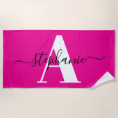 Serviette De Plage Élégant Script Gros Monogramme Rose Chaud (Devant)