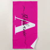 Serviette De Plage Élégant Script Gros Monogramme Rose Chaud (Devant)